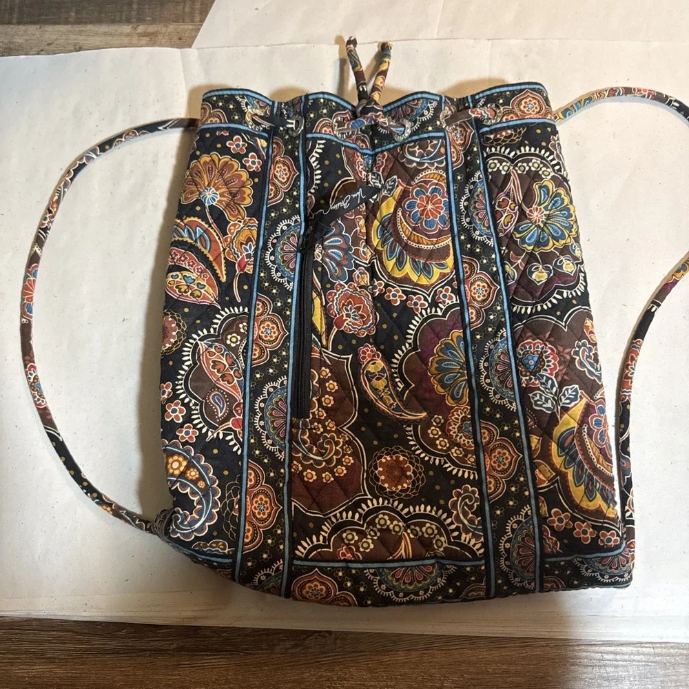 Vera Bradley Kensington Quilted Drawstring Backpack Tote Bag Purse Brown Paisley